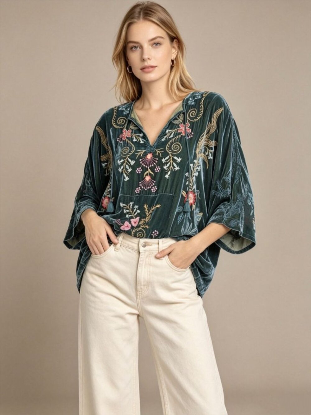 NWOT Johnny Was Silk Blend Velvet Floral Embroidered Tunic Blouse Green Size M - Picture 3 of 16